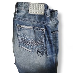 Affliction Mens Premium Distressed Denim Blue Jeans Size 33 Embroidered